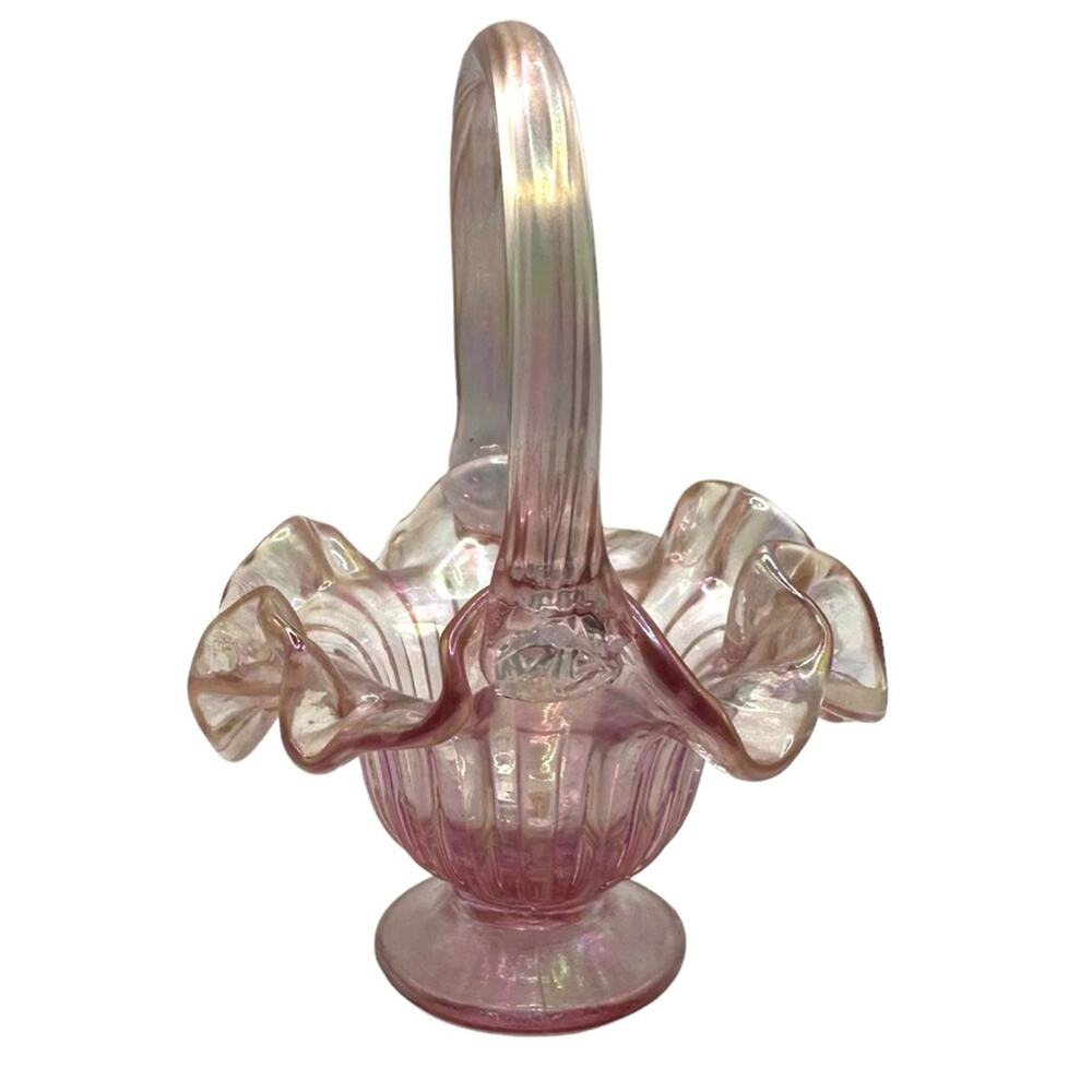Vintage 1999 Fenton Art Glass Iridized Empress Rose Faberge Mini Basket